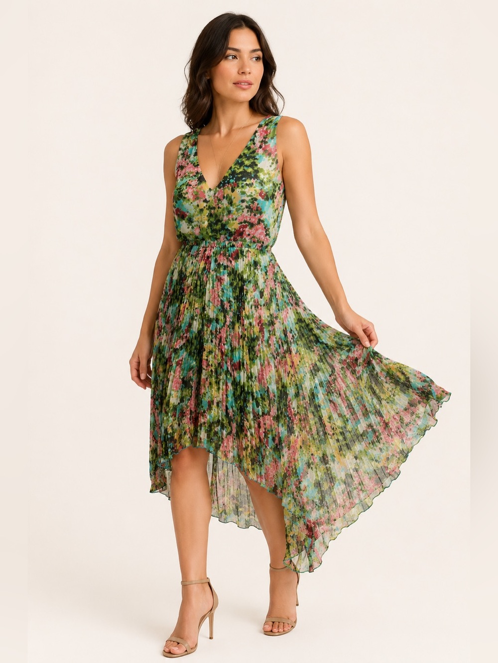 NWOT Lavender Brown Floral One Shoulder Asym Dress Green Pink S